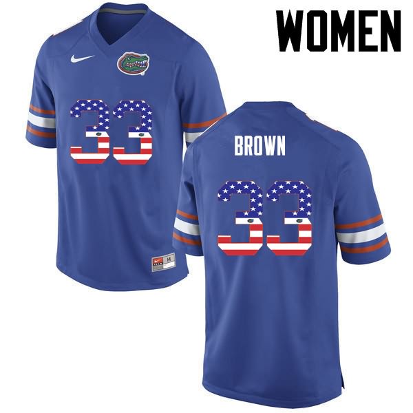 NCAA Florida Gators Mack Brown Women's #33 USA Flag Fashion Nike Blue Stitched Authentic College Football Jersey BRI1864DM